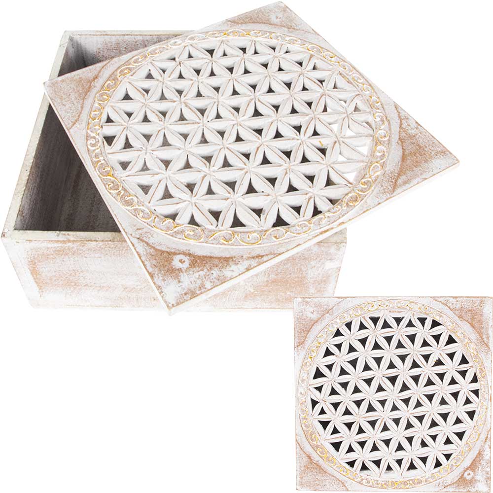 Décos - Boite en bois sculpté -FLEUR DE VIE DE VIE - 8X8X3.5″H